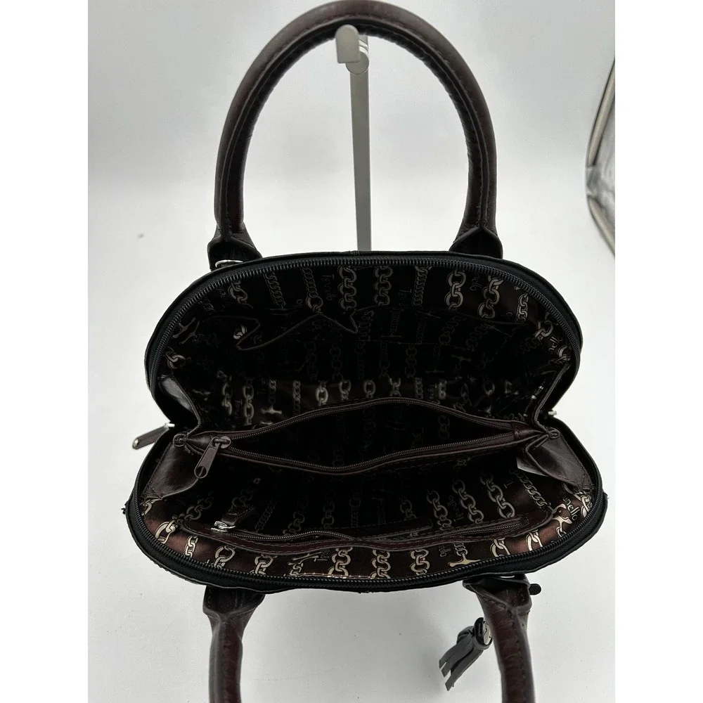 Tignanello Leather Satchel Womens Black Embossed Handbag Tassel‎ Classic